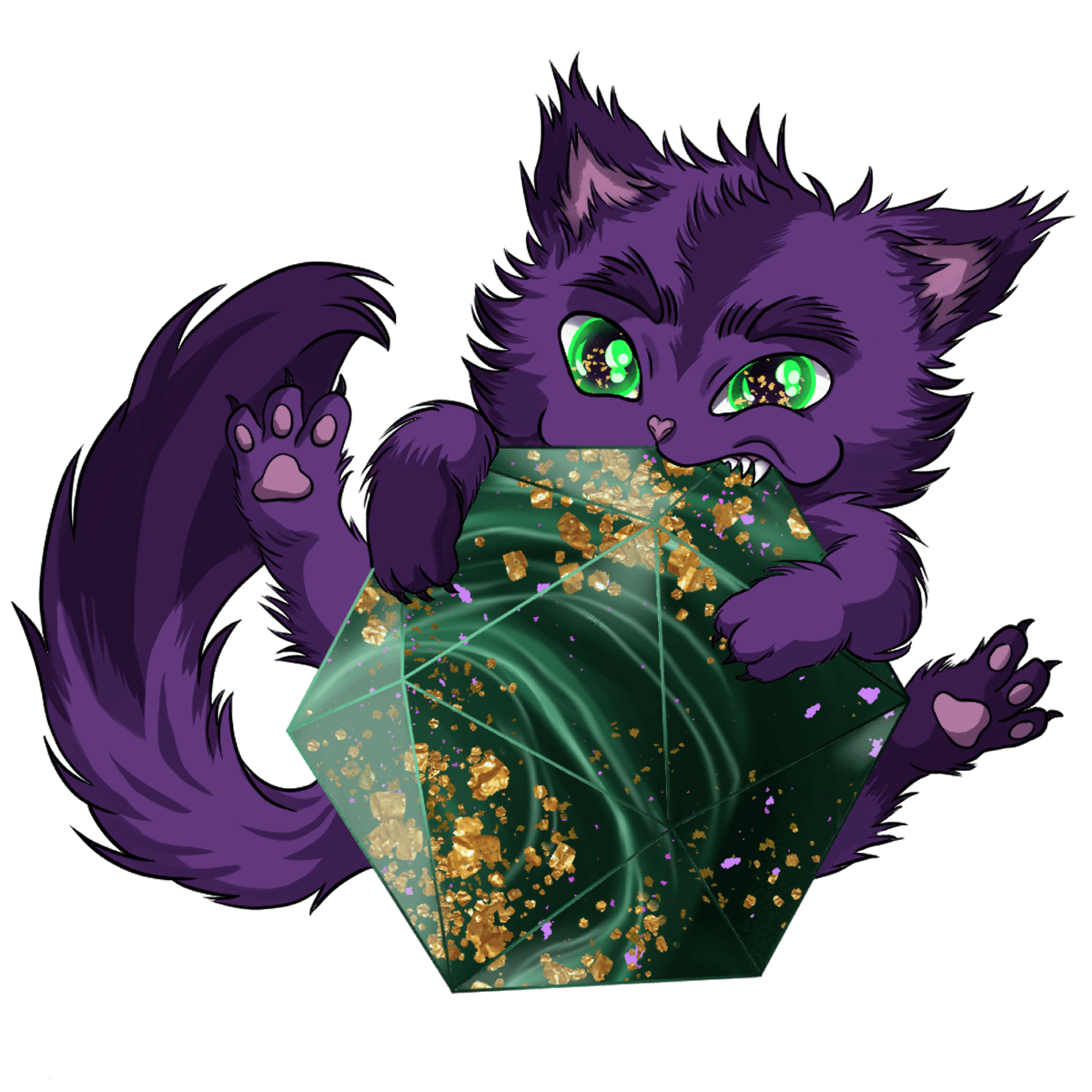 Benny, a purple cat with green eyes, gnawing on a green Mossy Glade die filled with gold foil.